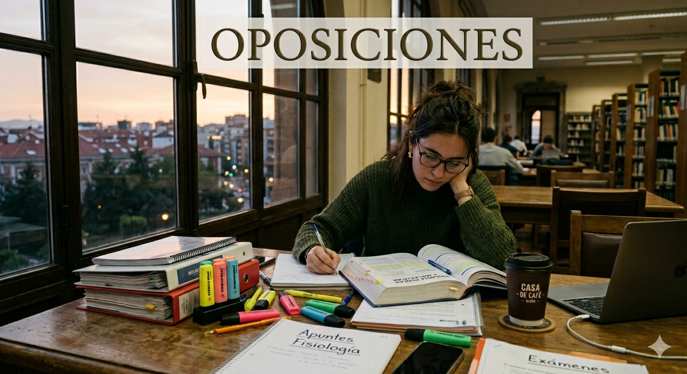 "Mujer opositando en la biblioteca Antiguo Instituto Gijón con ansiedad y apuntes"