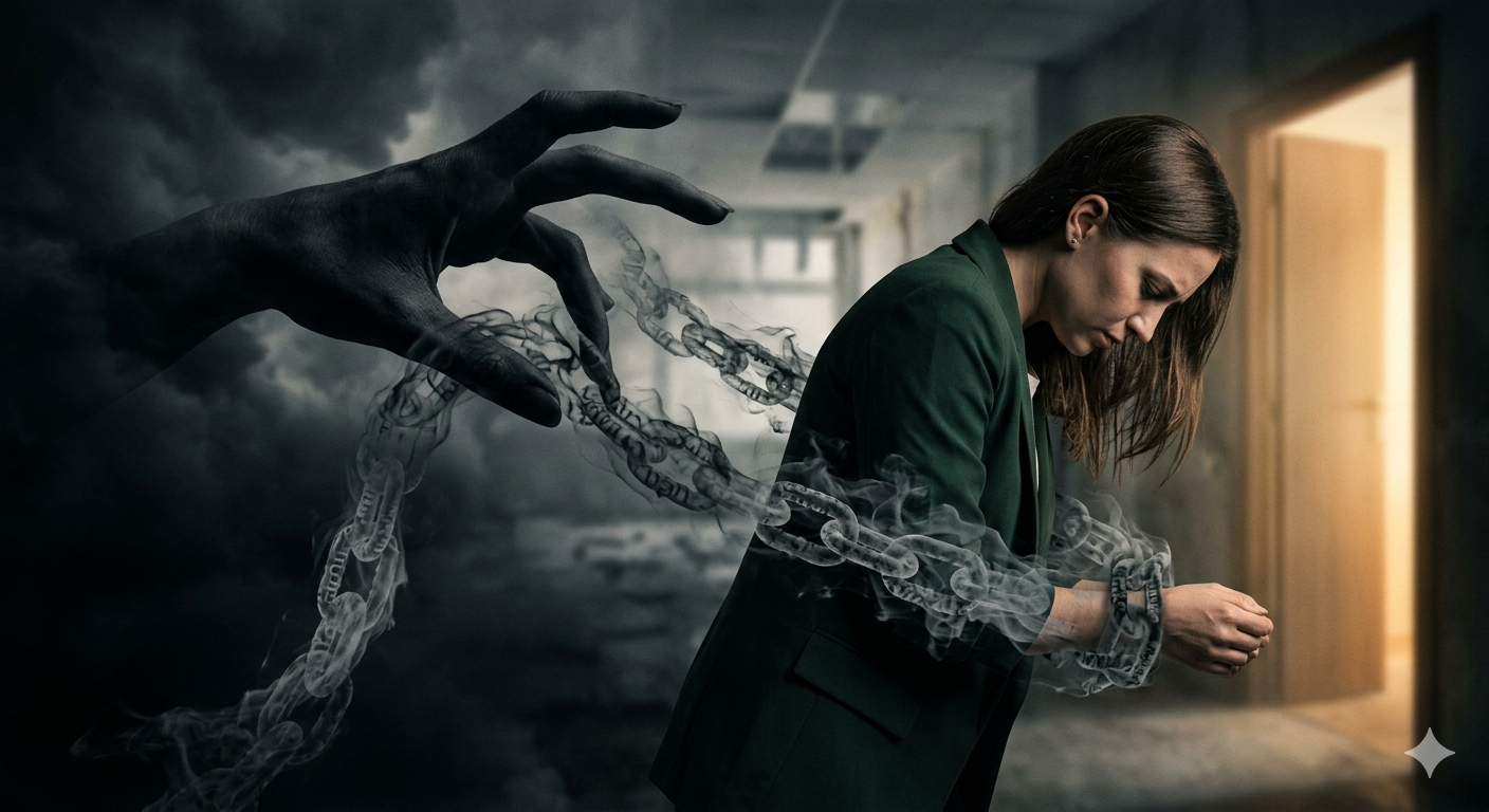 Imagen conceptual de una mujer profesional encadenada por humo negro que proviene de una figura sombría, intentando caminar hacia una puerta luminosa. Simboliza el trauma del acoso laboral.