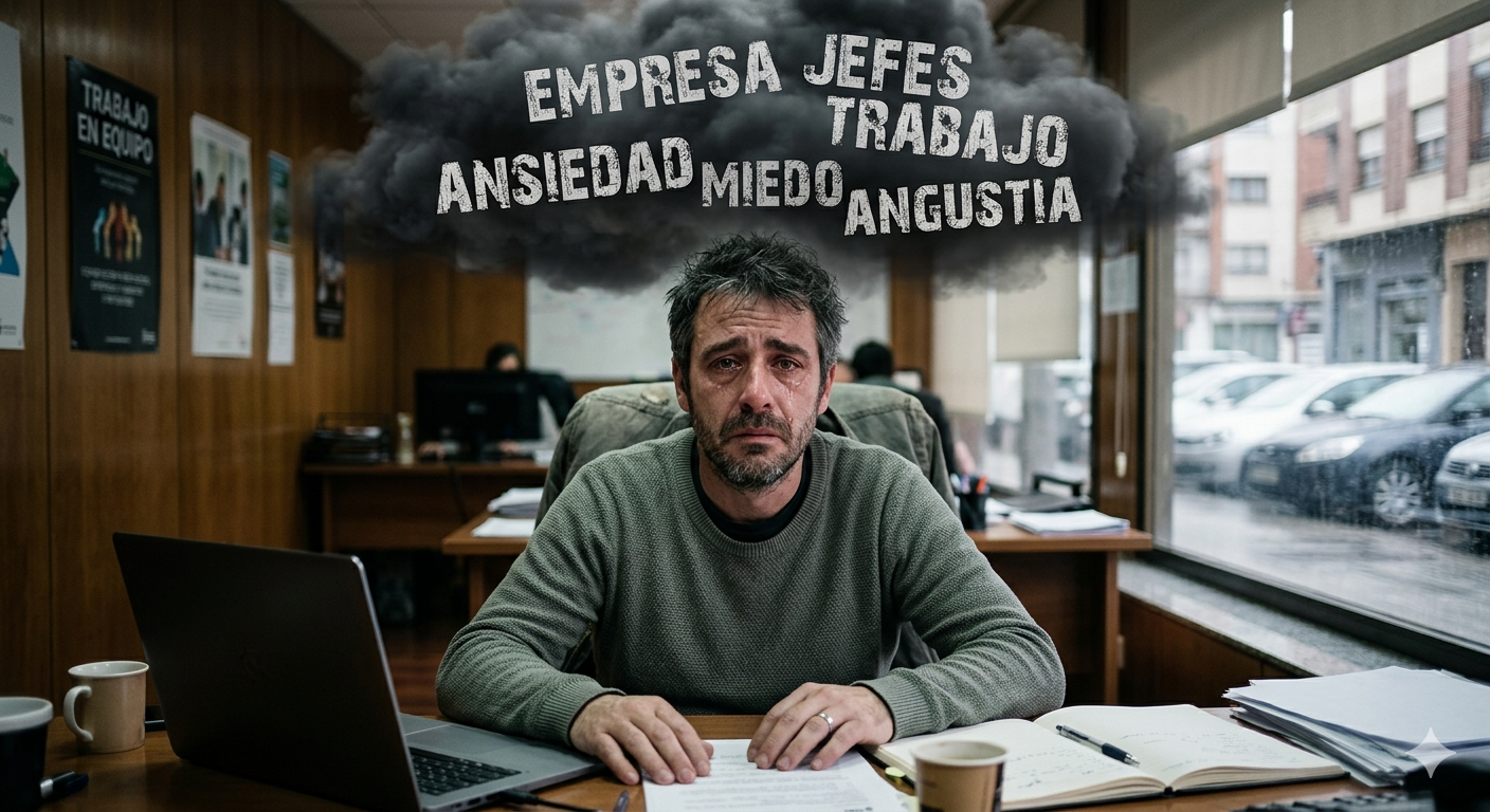 Persona con síntomas de ansiedad laboral buscando ayuda profesional.