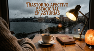 Taza humeante en un interior cálido durante un día gris de lluvia en Asturias, representando el autocuidado emocional.