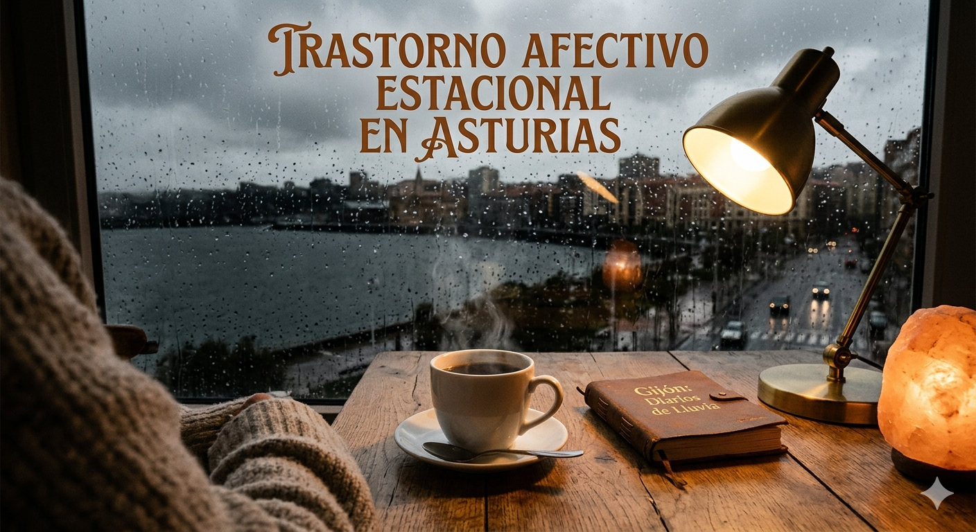 Taza humeante en un interior cálido durante un día gris de lluvia en Asturias, representando el autocuidado emocional.