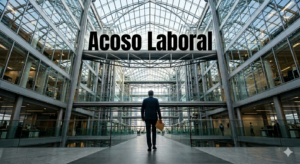 Empleado corporativo caminando por una gran oficina moderna, representando el aislamiento por mobbing laboral.