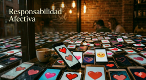 Cientos de móviles con corazones mostrando la saturación mental y la falta de responsabilidad afectiva al usar apps de citas.