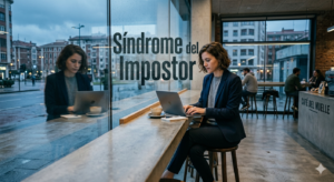 Profesional joven trabajando en su portátil mientras experimenta dudas por el síndrome del impostor.