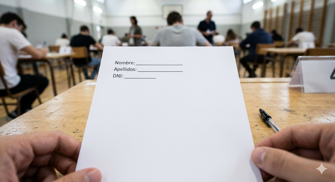 Estudiante de oposiciones sufriendo un bloqueo mental durante el examen oficial.